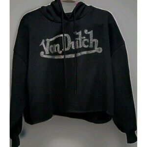 Von Dutch Rhinestone Cropped Hoodie M Black Bling Y2K 2000s Oversized Streetwear